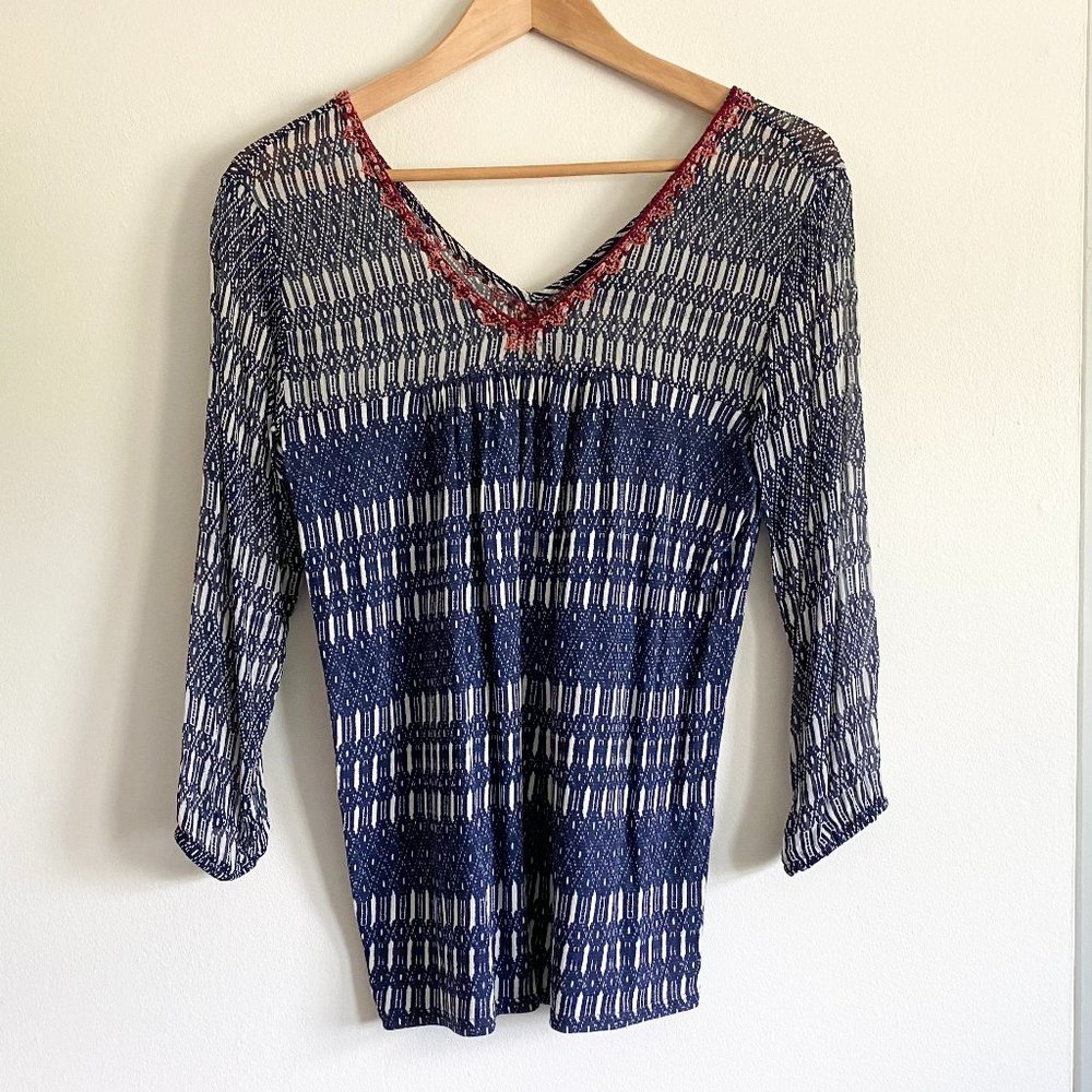 Lucky Brand V-Neck Embroidered Top | Cotton Linen Semi-Sheer Summer Blouse